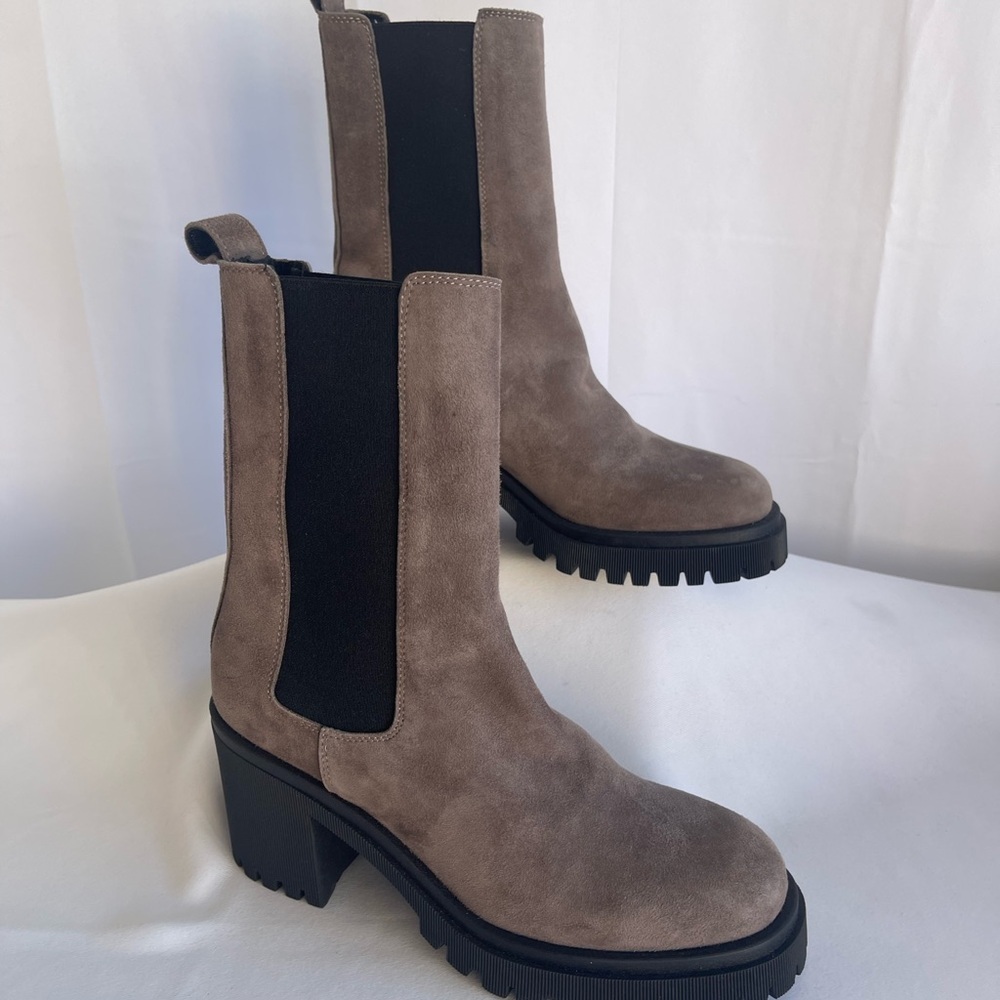 Women's Taupe Suede Chunky Chelsea Heeled Boots - Picture 6 of 13